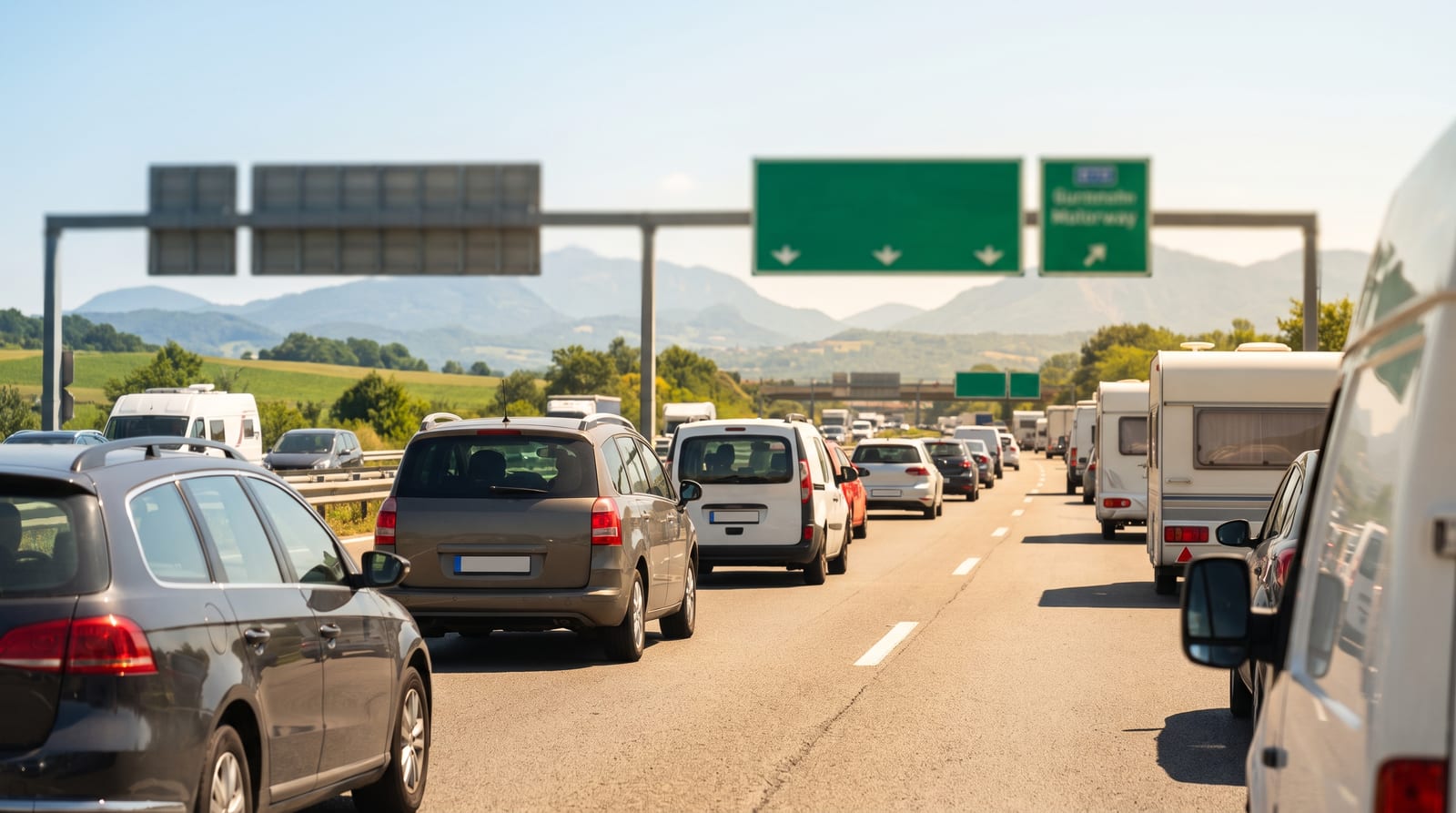 Autostradă europeană cu indicatoare spre granițe și mașini în trafic de vacanță, cer senin de vară