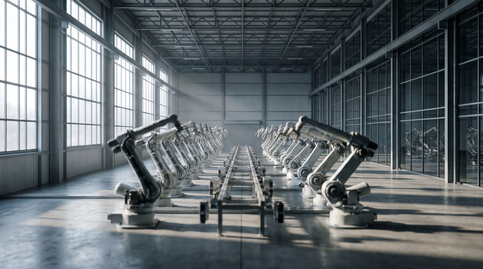 Hală de asamblare auto goală, cu linia de producție oprită, în lumină industrială rece