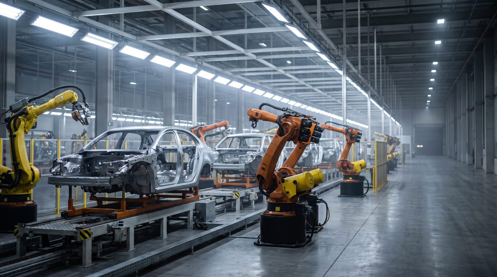 Hală de uzină auto cu linie de producție și caroserii, lumină industrială rece, fără siglă vizibilă