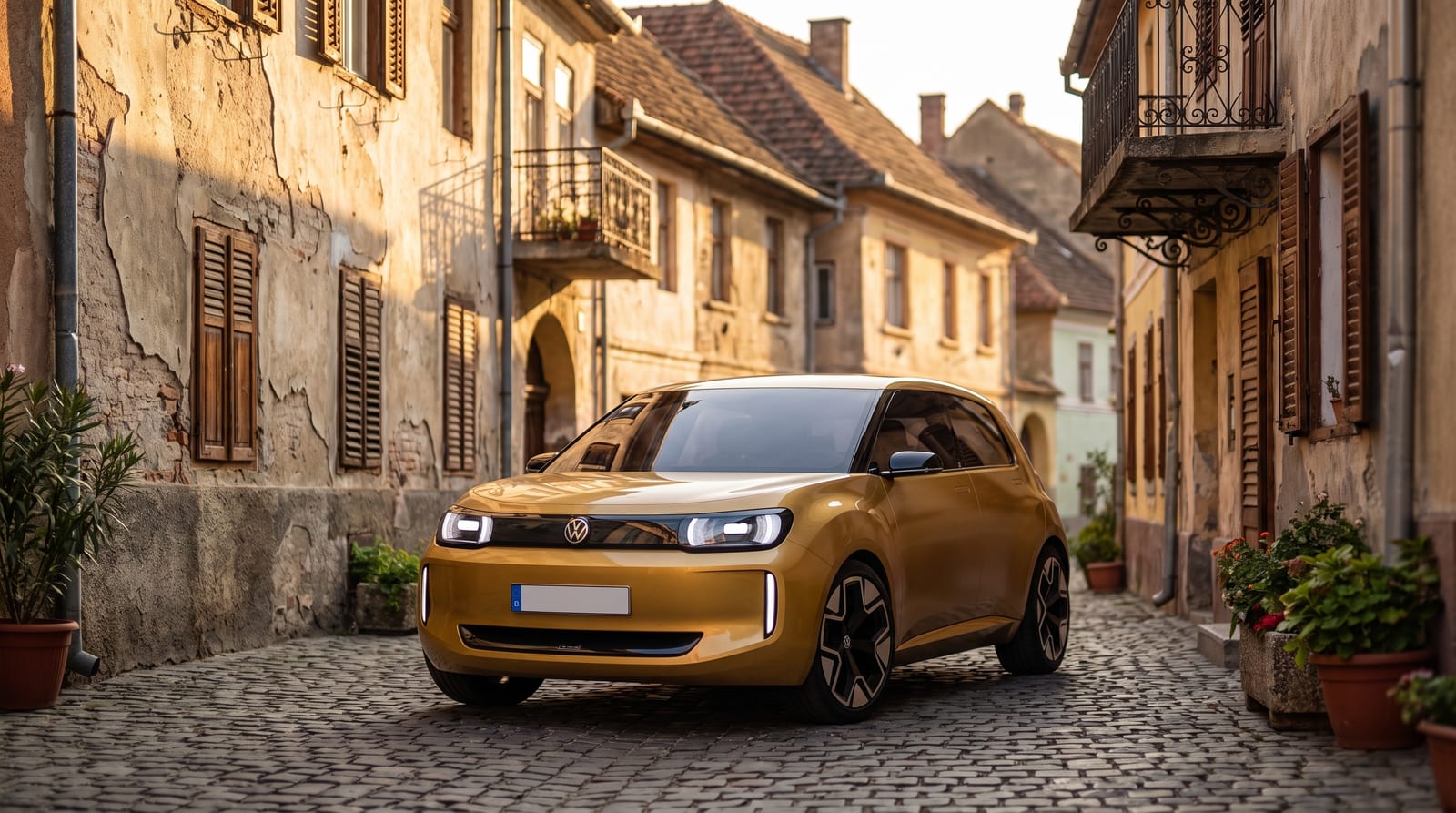 Mașină electrică mică de oraș parcată pe o stradă pietruită cu case vechi dintr-un oraș transilvănean, la apus