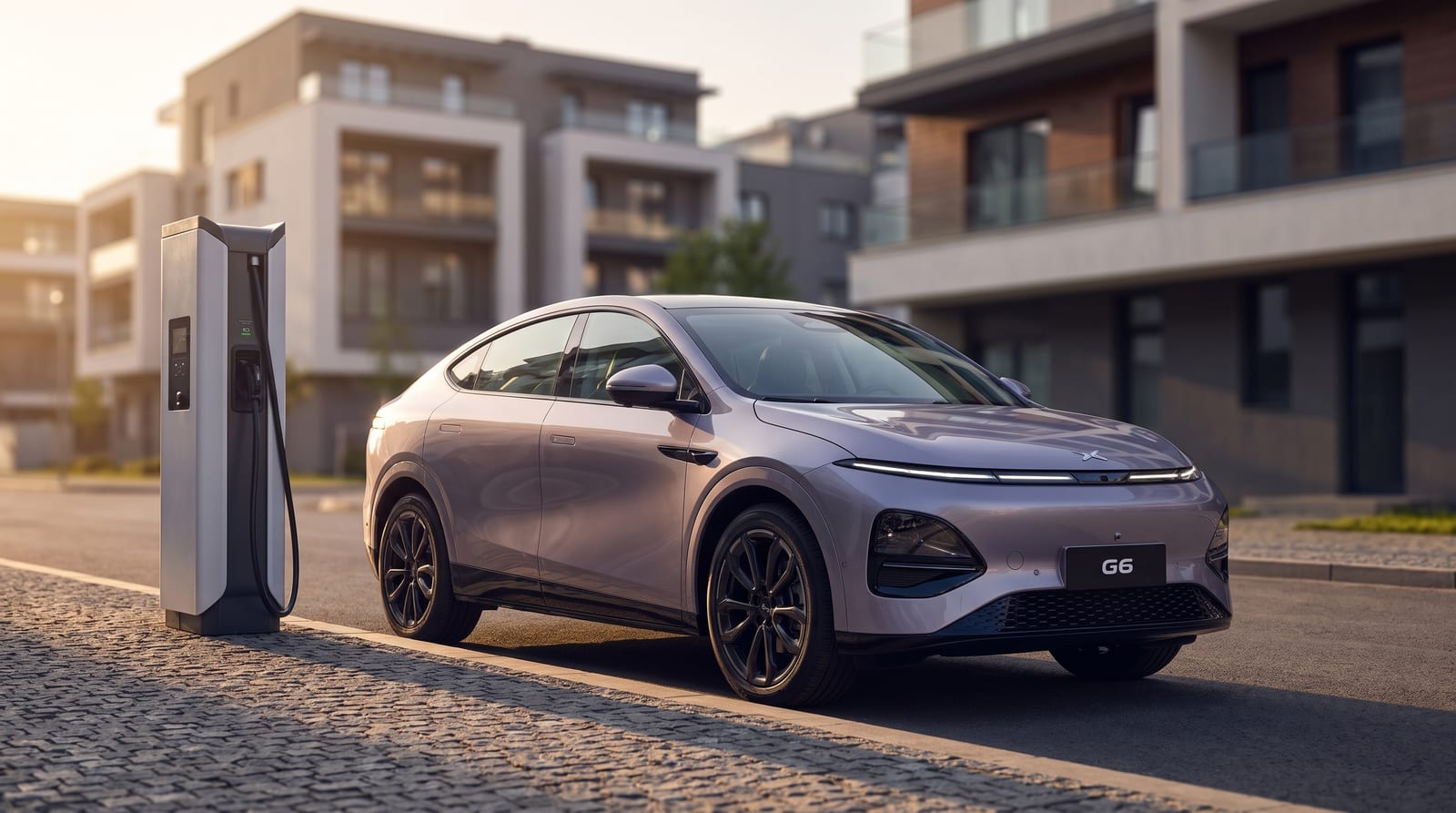 SUV coupe electric Xpeng G6 gri-lila, oprit lângă o stație de încărcare rapidă, într-un cartier de blocuri noi