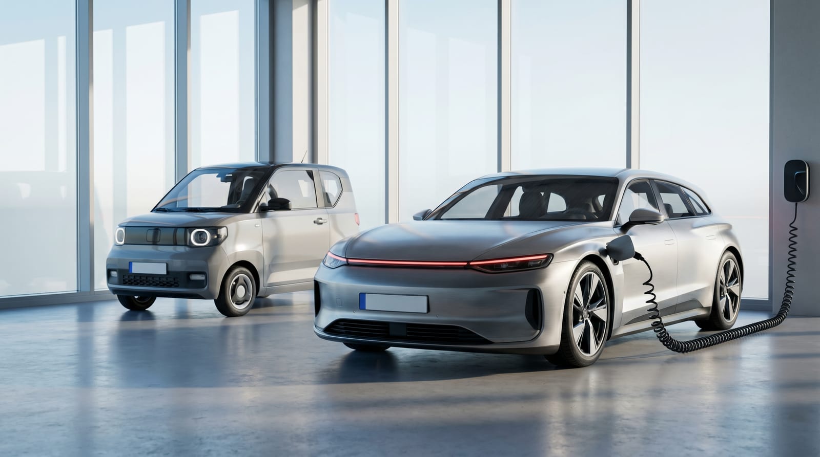 Un break electric premium lângă o citadină electrică mică, la încărcare într-un showroom modern și luminos